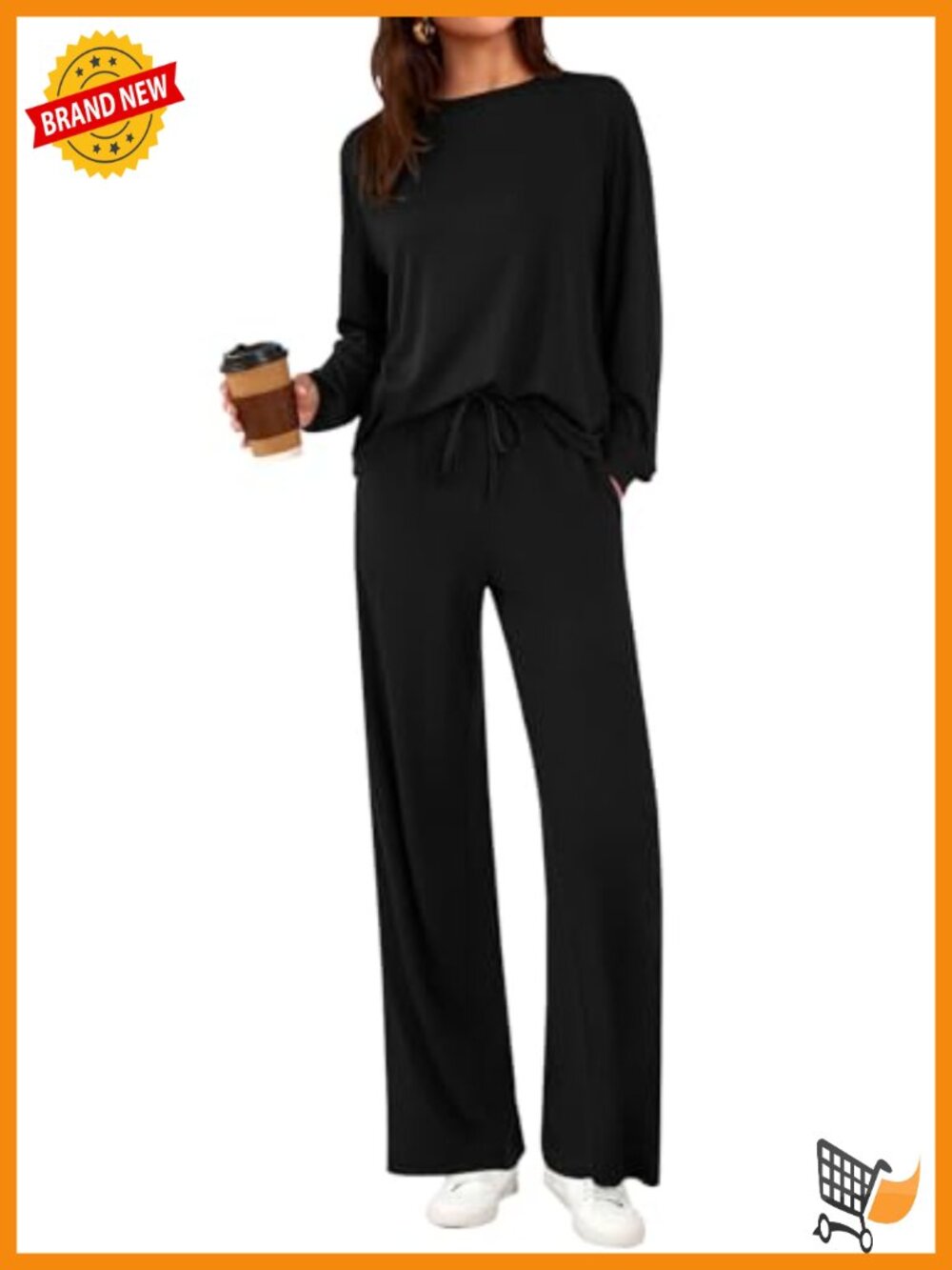 2 Piece Lounge Set Crewneck Long Sleeve Wide Leg Drawstring Pants Pockets